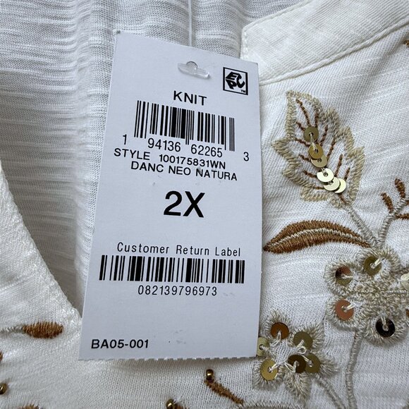 Style & Co.Boho Top Plus Size 2X Tunic Tee Cream Brown Embroidery Women Boho NWT - Picture 6 of 11